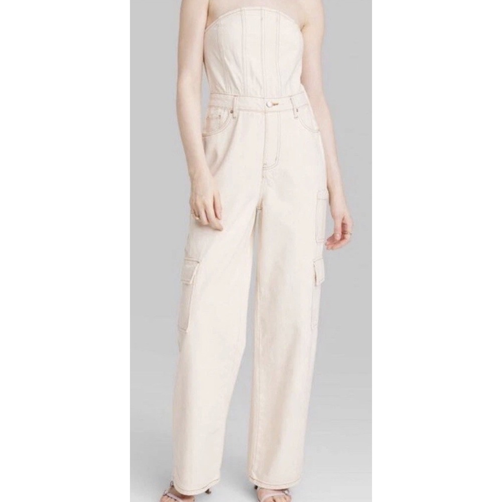 Women's XXS Tan‎ Tube Cargo Denim Jumpsuit Wild Fable Baggy EUC Gorpcore